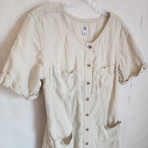 100% Linen Short Sleeve Safari Button Down Dress‎ by BDG Beige Cargo Utility M